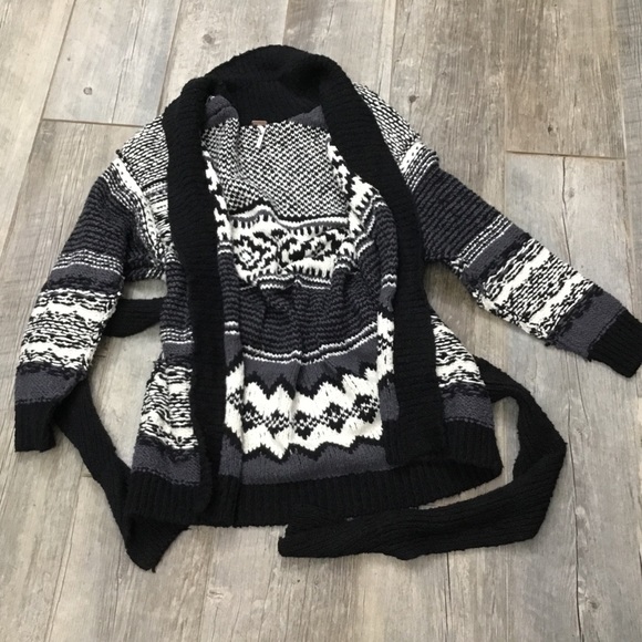 Black Large Free People Womens Cozy Cabin Mixed-Knit Belted Cardigan
